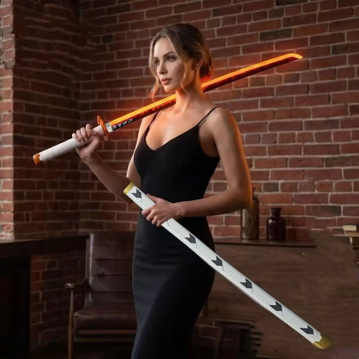 LED Glowing Sword - 40.94In/104cm, Wood Blade with Orange Flame Pattern, White Handle & Scabbard, Anime Cosplays Prop, Toys & Hobbies DIY Specialty Decor Ornament