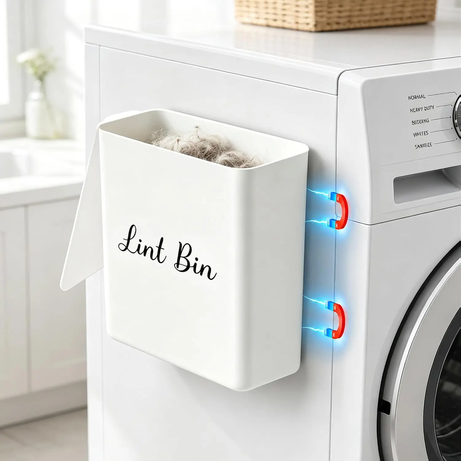 Lint Bin with Lid for Laundry Room, Compact Plastic Dryer Lint Holder, Small Laundry Trash Container for Dryer Lint &  Dryer Sheets, Space Saving Storage Decor Organizer (White)