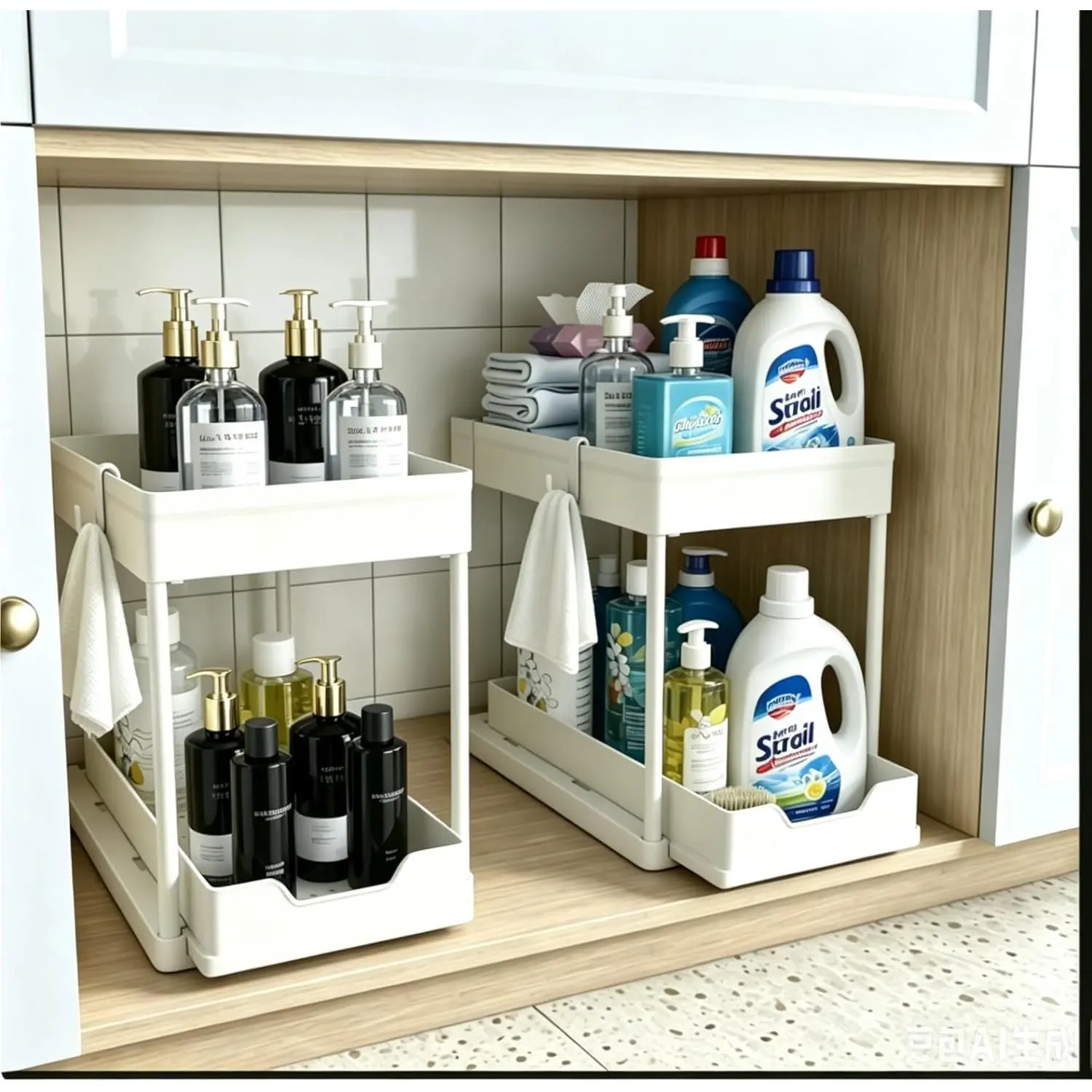 2-Pack Large 2-Tier Under Sink Sliding Storage Organizer, ABS Plastic Baskets for Bathroom-Kitchen Indoor Use, Easy to Install & Clean, Space-Maximizing, Two Tiers