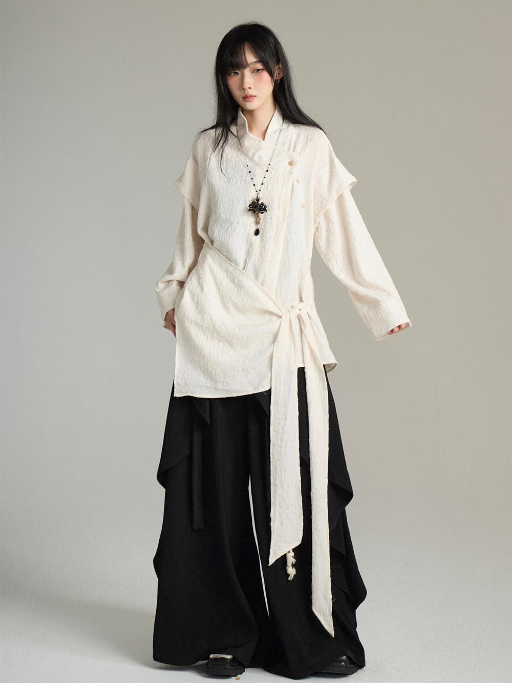 UMI MAO Irregular Lace Up Design Chinese Style Stand Up Collar Shirt Men Women Long Sleeved Shirt Fake Two-piece Top Y2K