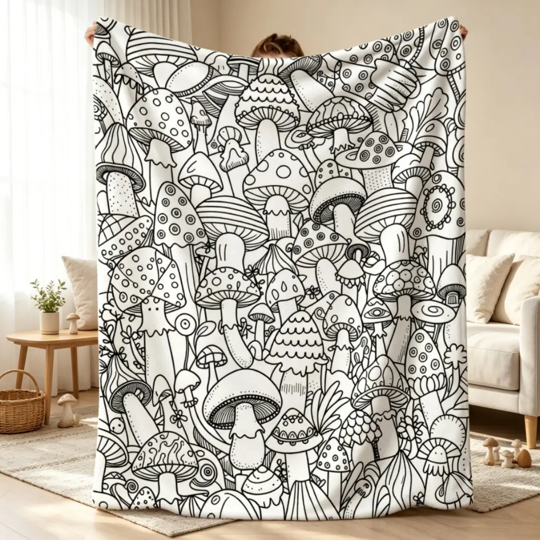 Mushroom Graffiti Coloring Blanket, 2D Flat Soft Plush Throw Blanket, All-Season Cozy Fluffy Flannel Blanket with Creative Coloring Fun, Warm Home Decor Blanket for Adults Kids Bedroom Sofa Travel Gift