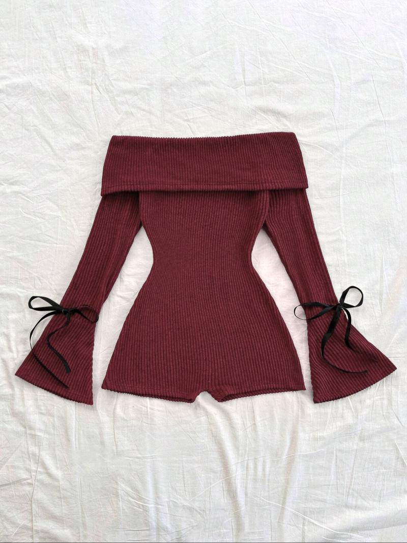 Women's Solid Ribbed Off Shoulder Flounce Sleeve Romper, Casual Fashion Cozy Romper for Daily Outdoor Wear, Women's Clothes for Spring & Fall, Casual Comfy Jumpsuit