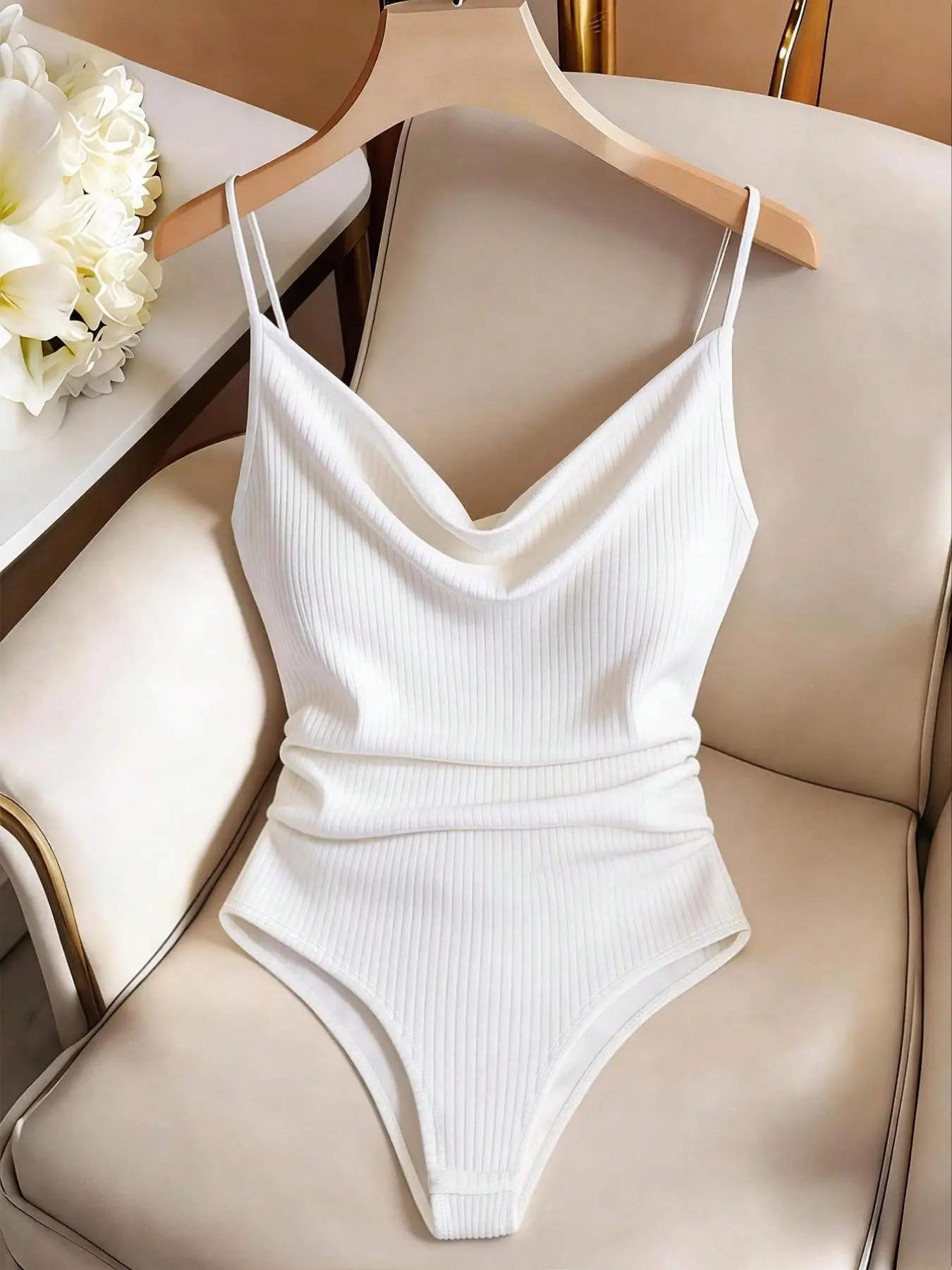 Summer Minimalist Ribbed Ruched Cowl Neck Sleeveless Bodysuit Double Spaghetti Straps Slim Fit For Casual Layering And Night Out Looks