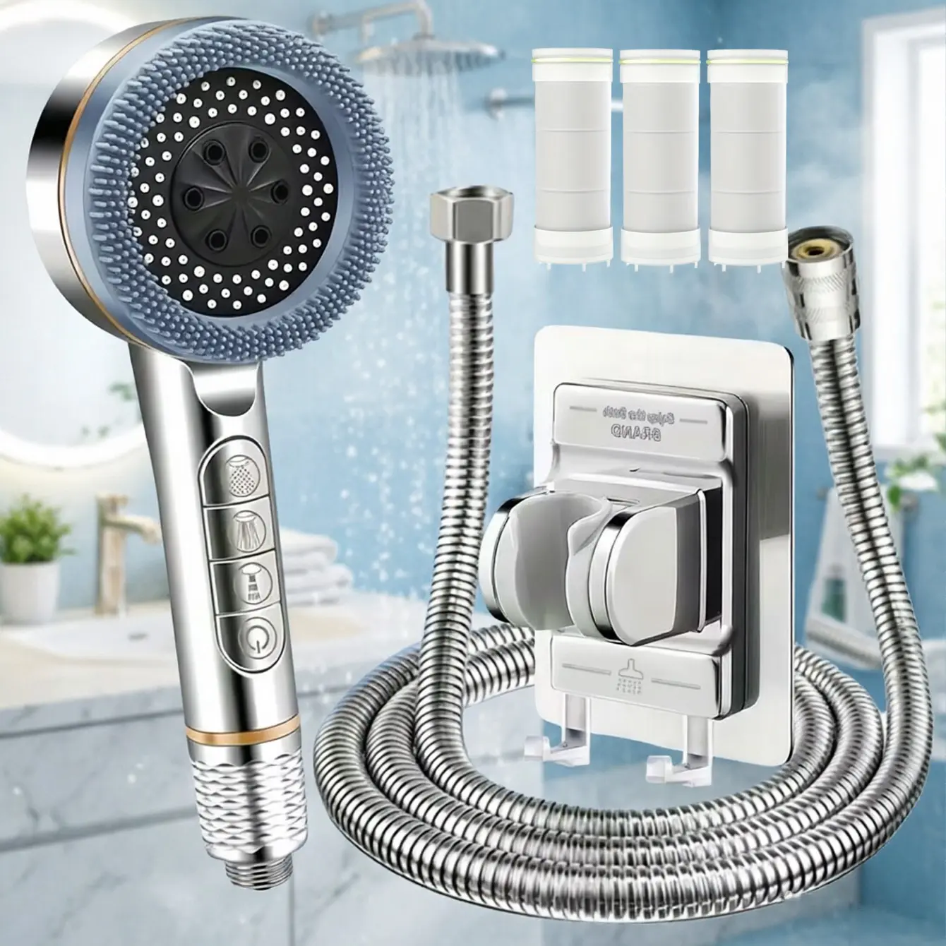 Piano Key Filter Shower Head, 4 Spray Modes, High Pressure Handheld Nozzle, Includes Replacement Filter and Hose, Easy Install Bathroom Shower Set