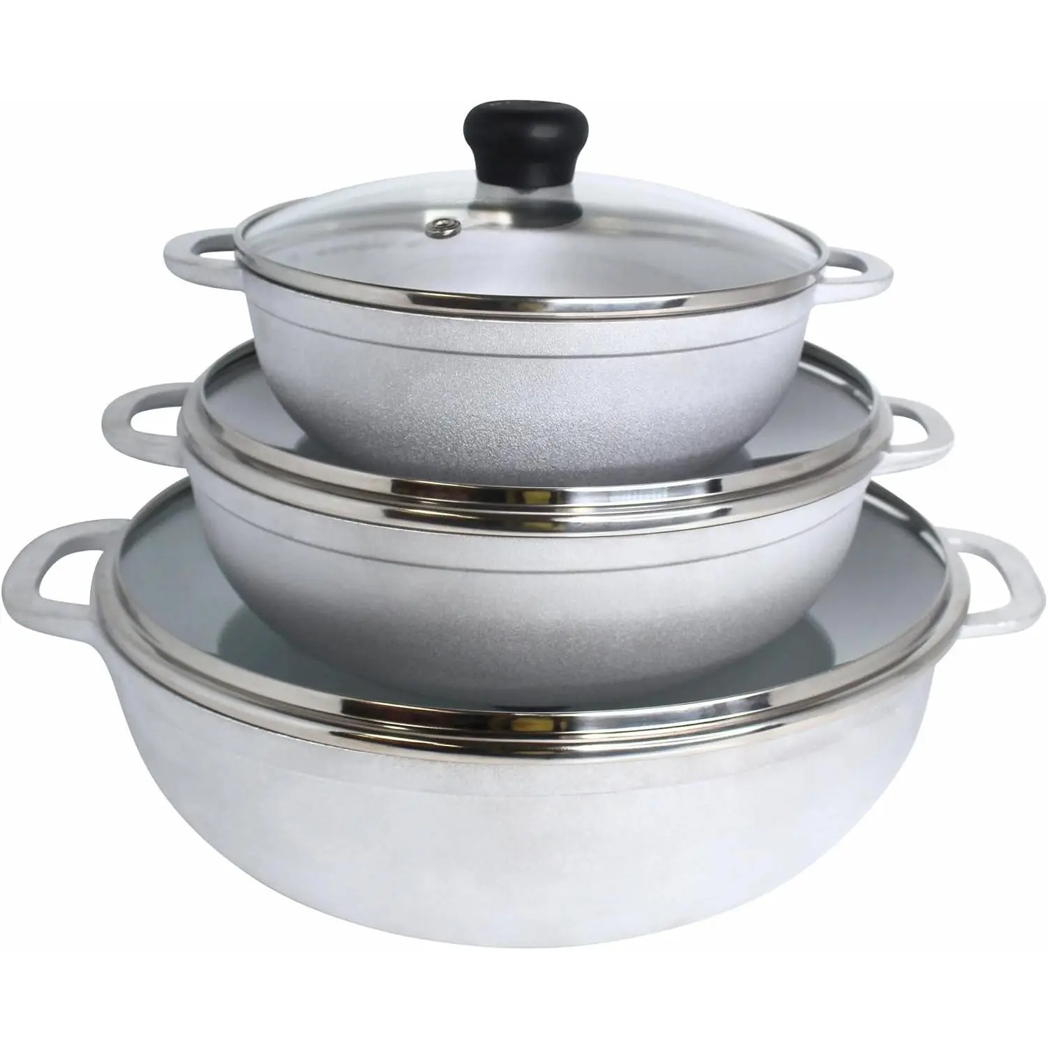 Traditional Thick Kitchen Cookware Caldero Stock Pot 3pc Set - 1.5/2.5/5.2qt Cast Aluminum Cooking Pot with Glass Lid, Riveted Handles, Made in Colombia, Silver, Ideal for Small-Medium Groups, Multi-Size