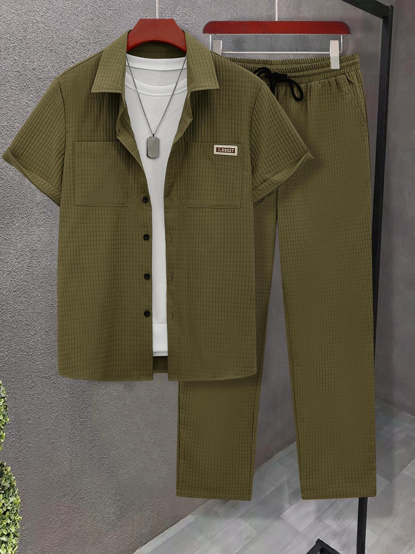 Men's Solid Button Front Shirt & Drawstring Waist Pants Set without Inner Top, Regular Fit Casual Short Sleeve Collared Top & Pocket Trousers, Men's Summer Clothes, Matching Clothing Set