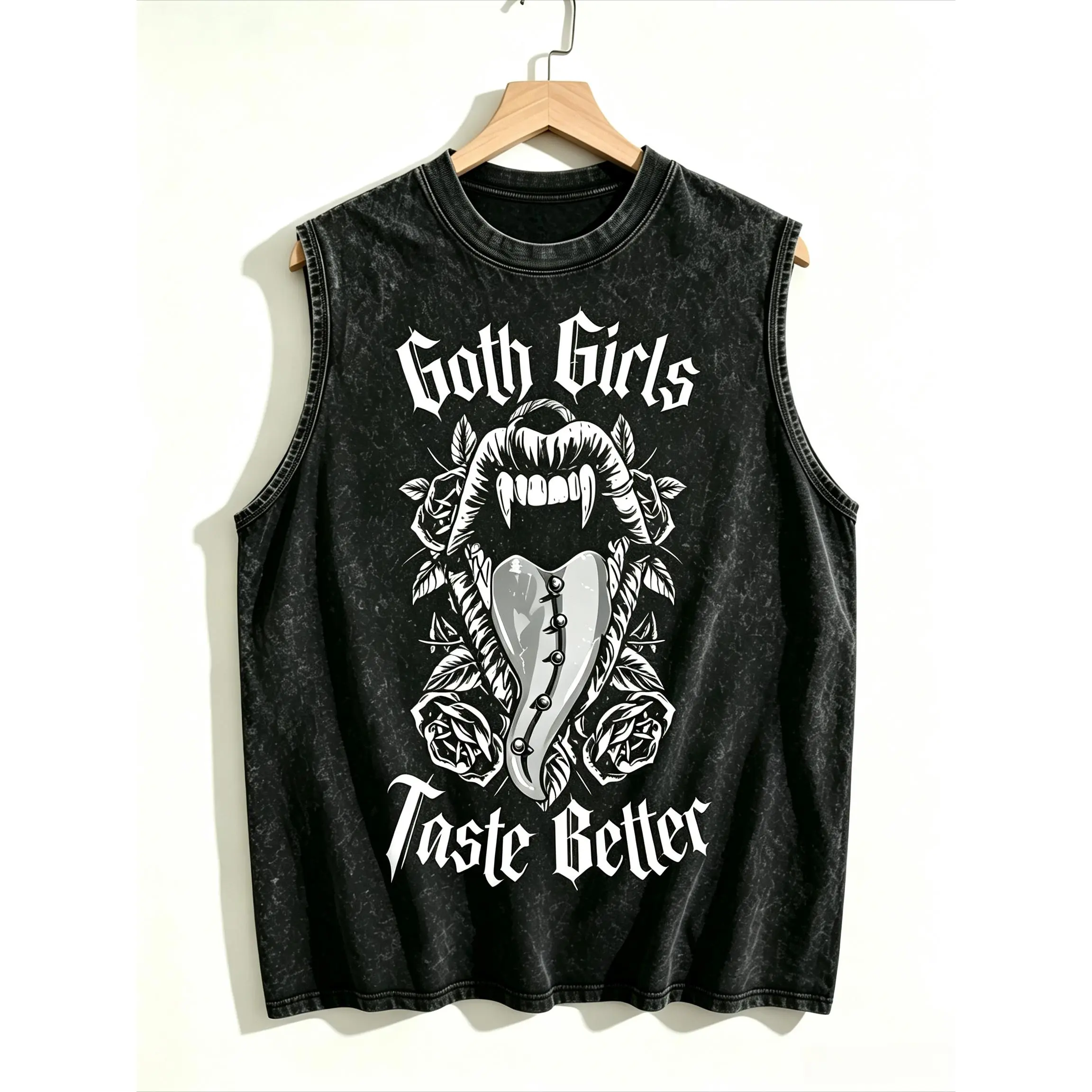 Vintage Acid Wash Goth Girls Taste Better Graphic Sleeveless Tank Top Unisex Gothic Punk Muscle Vest Black Crewneck