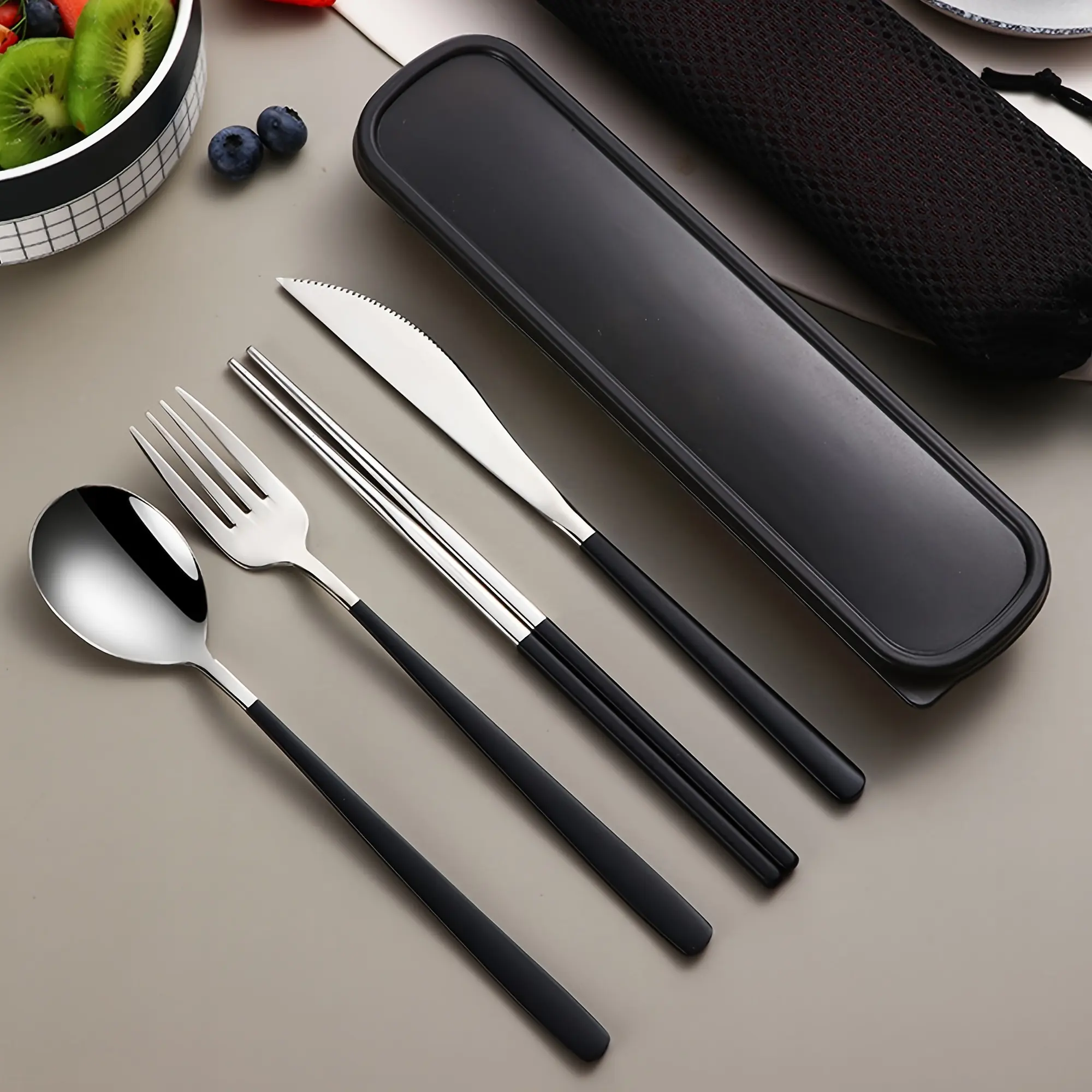 4pcs Stainless Steel Cutlery Set with Glossy Polished Thick Round Handle Knife, Chopsticks, Spoon, and Fork for Students, Outdoor Gatherings, Picnics, and Portable Cutlery Box