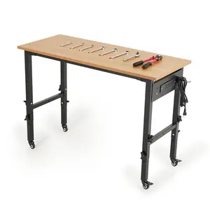 Adjustable Heavy Duty Workbench – 48 Inch Work Table with Power Outlet – 2200 Lbs Load, Non-Slip Wheels, Walnut Wood Top – Ideal for Workshop, Garage, Office, Home