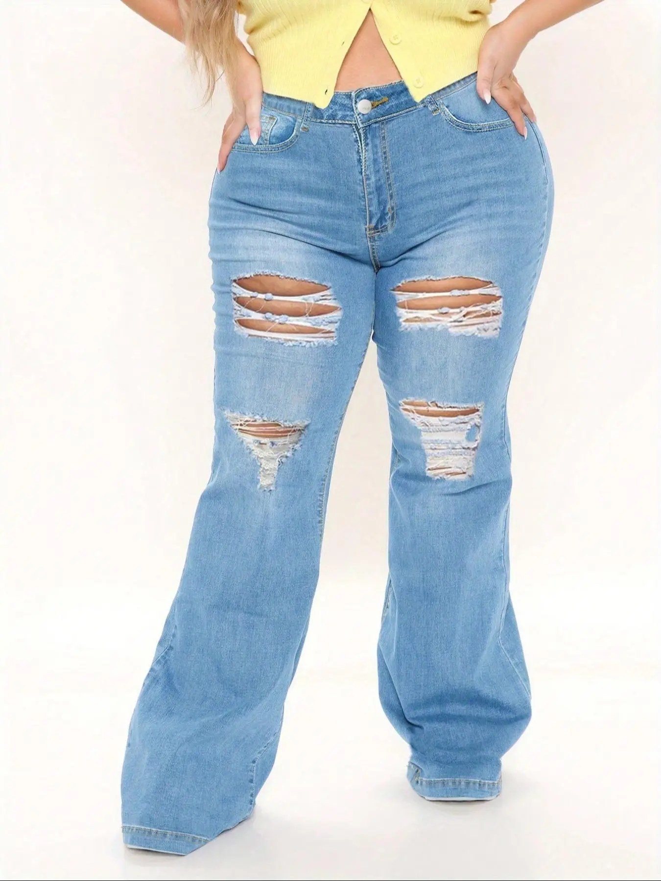 Plus Size Ripped Denim Flare Pants, Loose-Fitting Baggy Comfortable Trousers for All Seasons, Trendy Casual Streetwear for Women