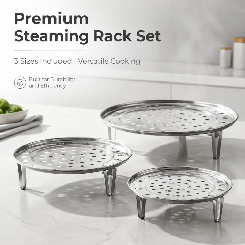 3 size stainless steel steaming rack set round perforated steamer tray stand multi purpose cooking trivet for pot instant pot pressure cooker fruit vegetable seafood steaming Kitchenware