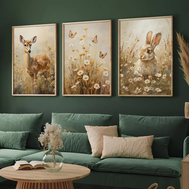 Set of 3 Charming Bunny Flowers Butterfly Deer Painting Prints, Spring Wildflower Nature Wall Art, Easter Rabbit Canvas Poster, Vintage Wall Decor, Ideal GIft for Living Room, Bedroom, Cafe, Home Office, Hallway, Home And Room Decoration, Unframed