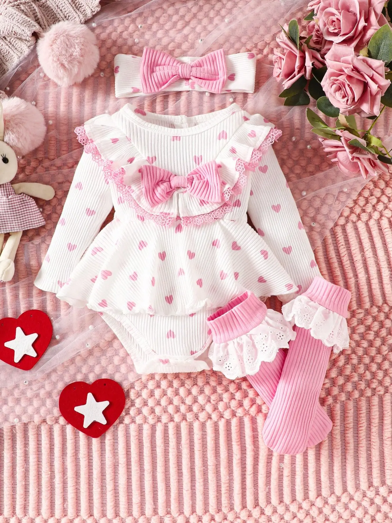 Newborn Girl, Heart Print Long Sleeve Ruffle Lace Bow Tie Romper, Matching Hairband and Leggings Set, Newborn Outfits, Soft Sweet Princess Style