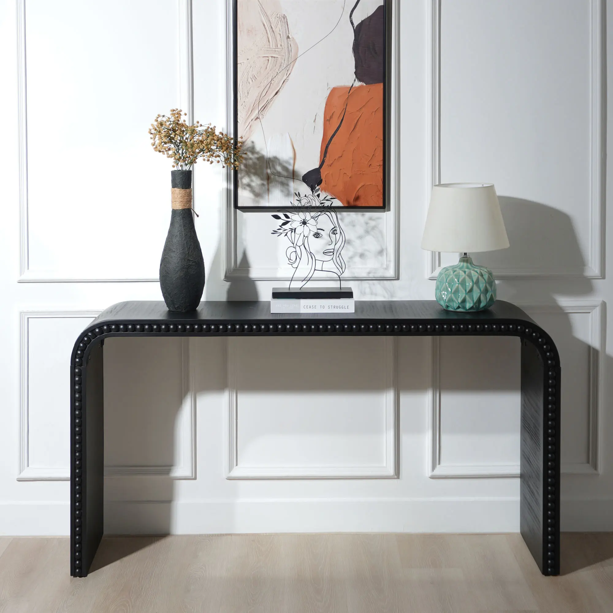 ARCH 59in Black Wood Console Table with Curved Waterfall Style and Wood Beads, Entryway Table for Hallway, Living Room, Foyer, Corridor, Office, Modern Entrance Table, 1-Pack, Living Room Table for Sofa Side, Bedroom, Office, Apartment and Home Decor
