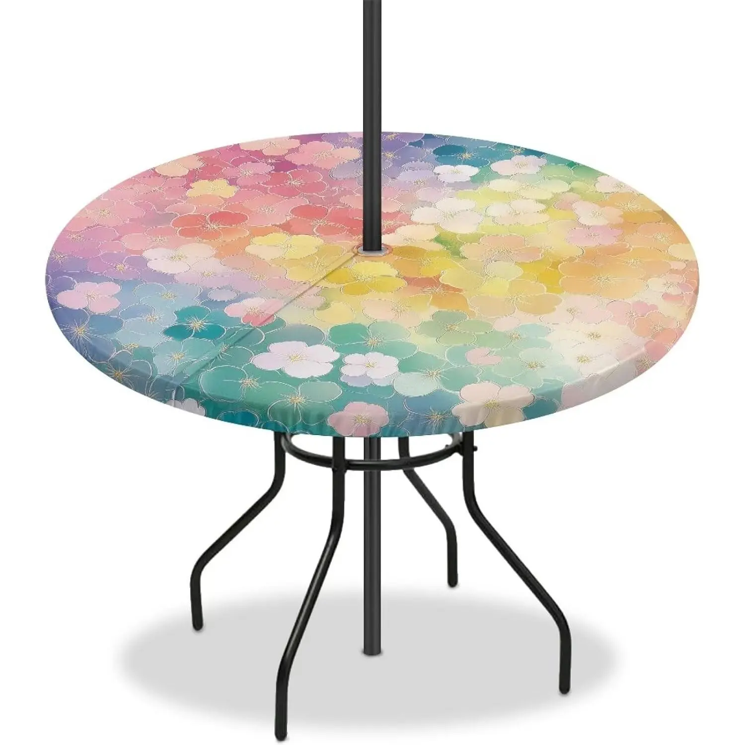 Watercolor Flower Round Patio Table Cover with Umbrella Hole Foldable Fitted Round Tablecloth with Elastic Outdoor Table Cloth Waterproof for Holiday Barbecue Birthday Party