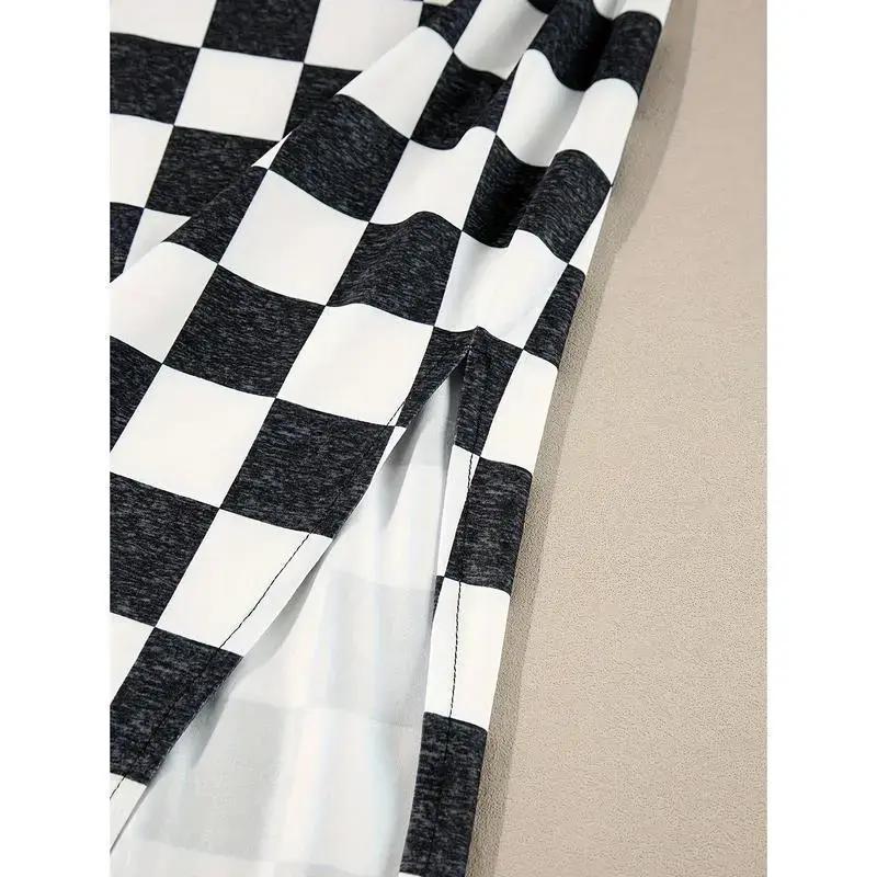 Elegant Women's Checkered Midi Skirt with Side Slit - Slimming, Casual Style in Black & White, Perfect for Fall, Machine Washable, Print, A-line, Autumn(Sheets)
