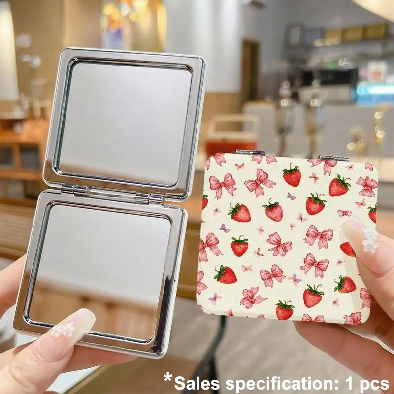 Strawberry Bow Square Folding Mirror - Double sided Portable Handheld Makeup Mirror, Suitable for Women, Ideal Gift for Travel, Birthdays, and Festivals, Cute Makeup Mirror, Portable Vanity Mirror, Foldable Makeup Mirror