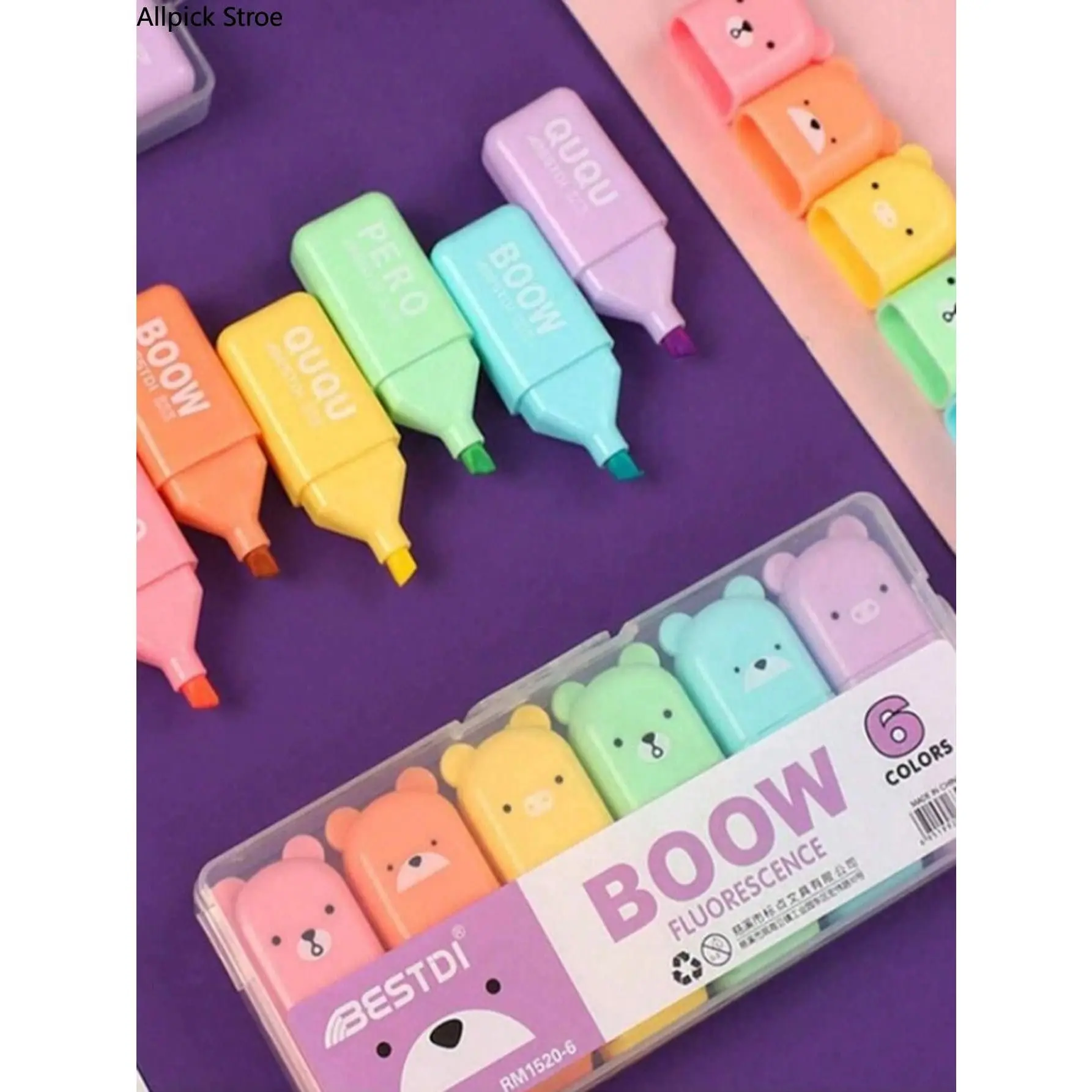 6PCS Cute Bear Highlighter Pens Set - Kawaii Pastel Aesthetic Slanted Chisel Tip Markers, Mini School Supplies for Journaling, Teens' Back to School Essentials, Slanted Tips