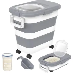25-35Lbs Rice Container,Collapsible Airtight Food Storage Containers with Wheels,Handle,Rice Storage Container with Small Bin and Scoop,Rice Dispenser for Flour Sugar Cereal Grain Dog Cat