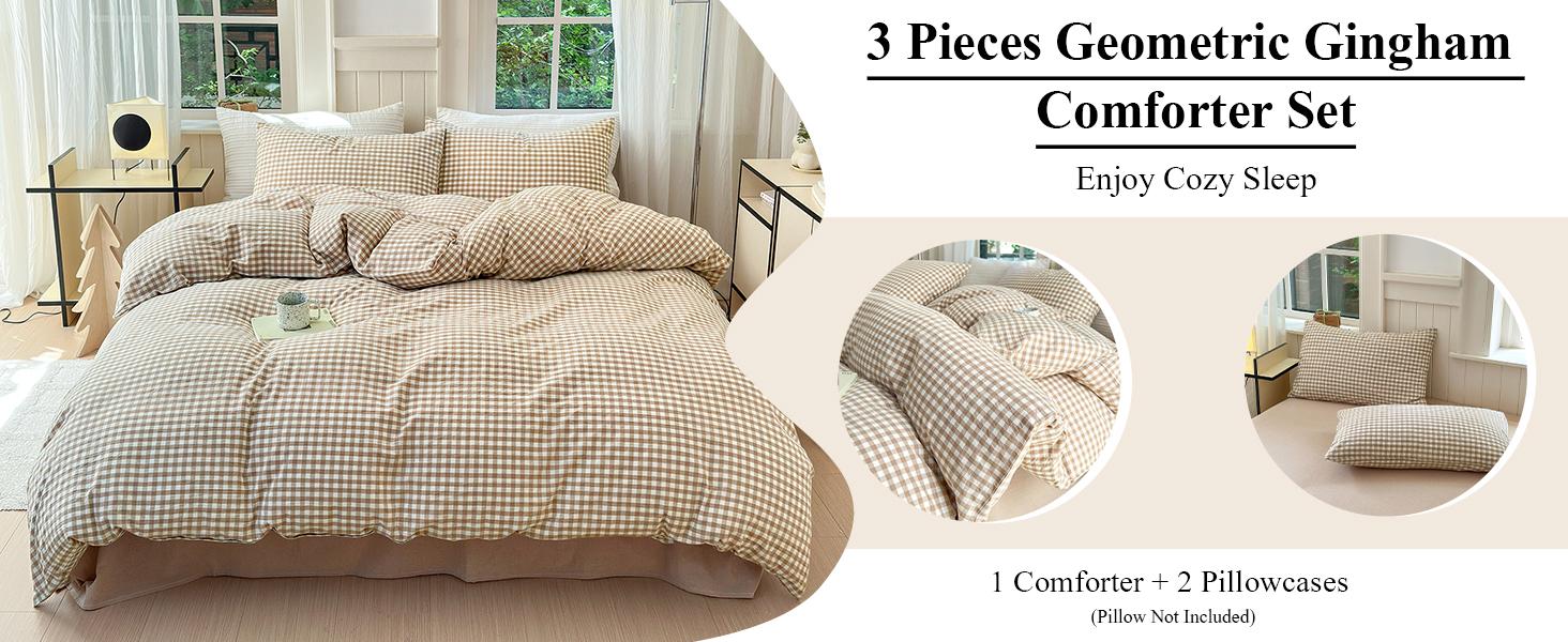 Tan Gingham Comforter Set California King 3 Pieces Plaid Comforter Set Beige Grid Comforter with 2 Pillowcases Soft Checkered Grid Pattern Gingham Bedding Set for All