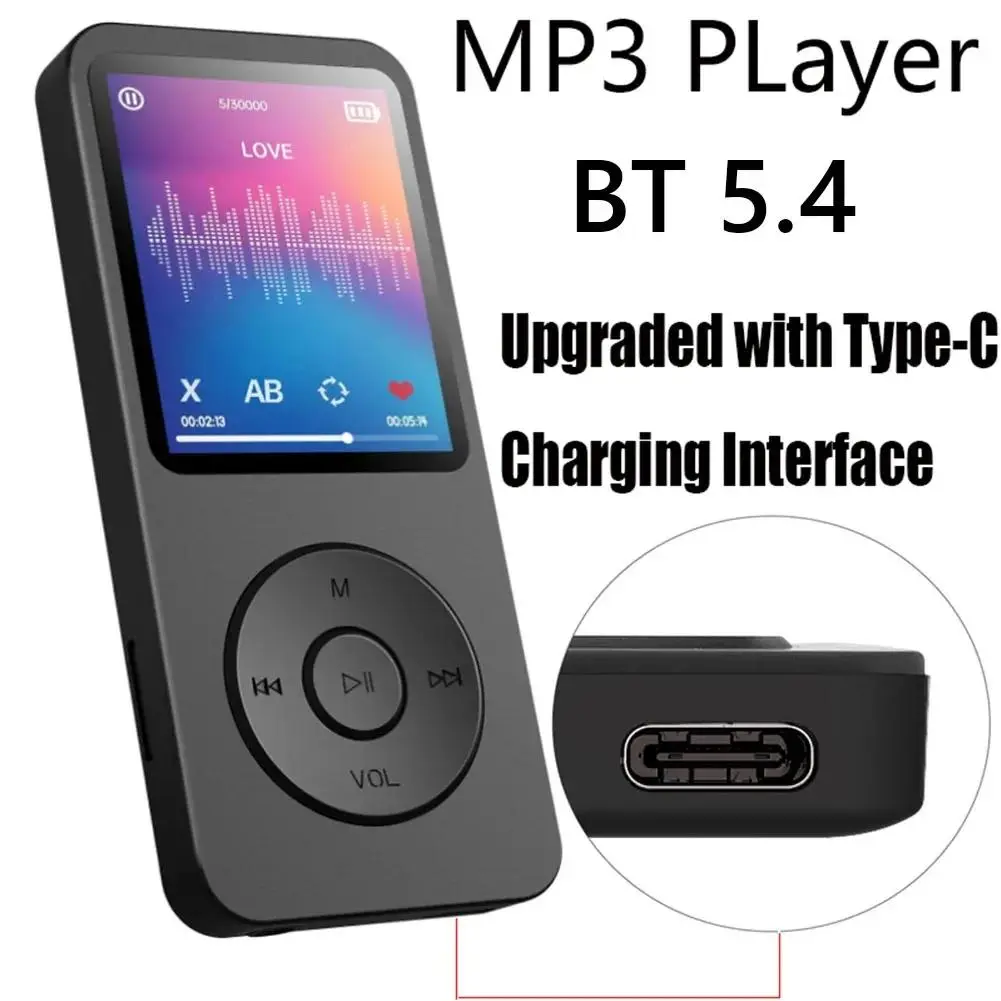 Compact Wireless MP3/MP4 Player with 1.8-Inch Screen, Type-C, Bluetooth 5.4, Audio Playback, E-Book Support, Recording, Sports Compatibility, FM Radio, Expandable Memory Card Slot