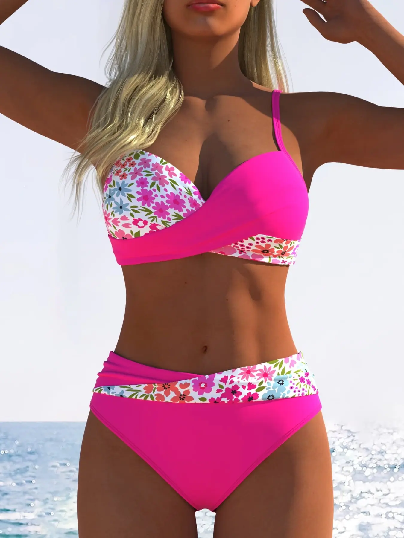 New Women's Bikini Set Swimsuit with Various Floral Patterns, Colorblock Design, High-Waisted Cross-Tie Top, Perfect for Beach Vacation