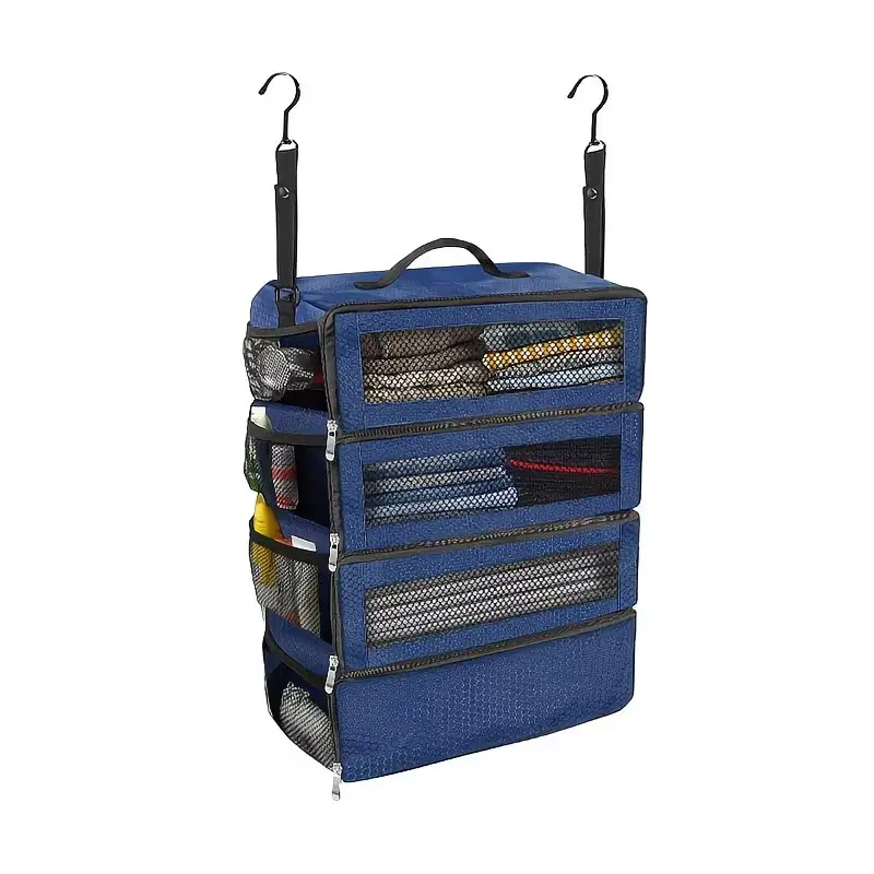 4-Layer Hanging Storage Bag with Handle, Foldable Multi-function Clothes Organizer with Hooks for Closet, Portable Multi-tier Luggage Storage Caddy, Multifunctional Storage Solution, Ideal for Business Travel, Road Trips, Car Storage & Camping