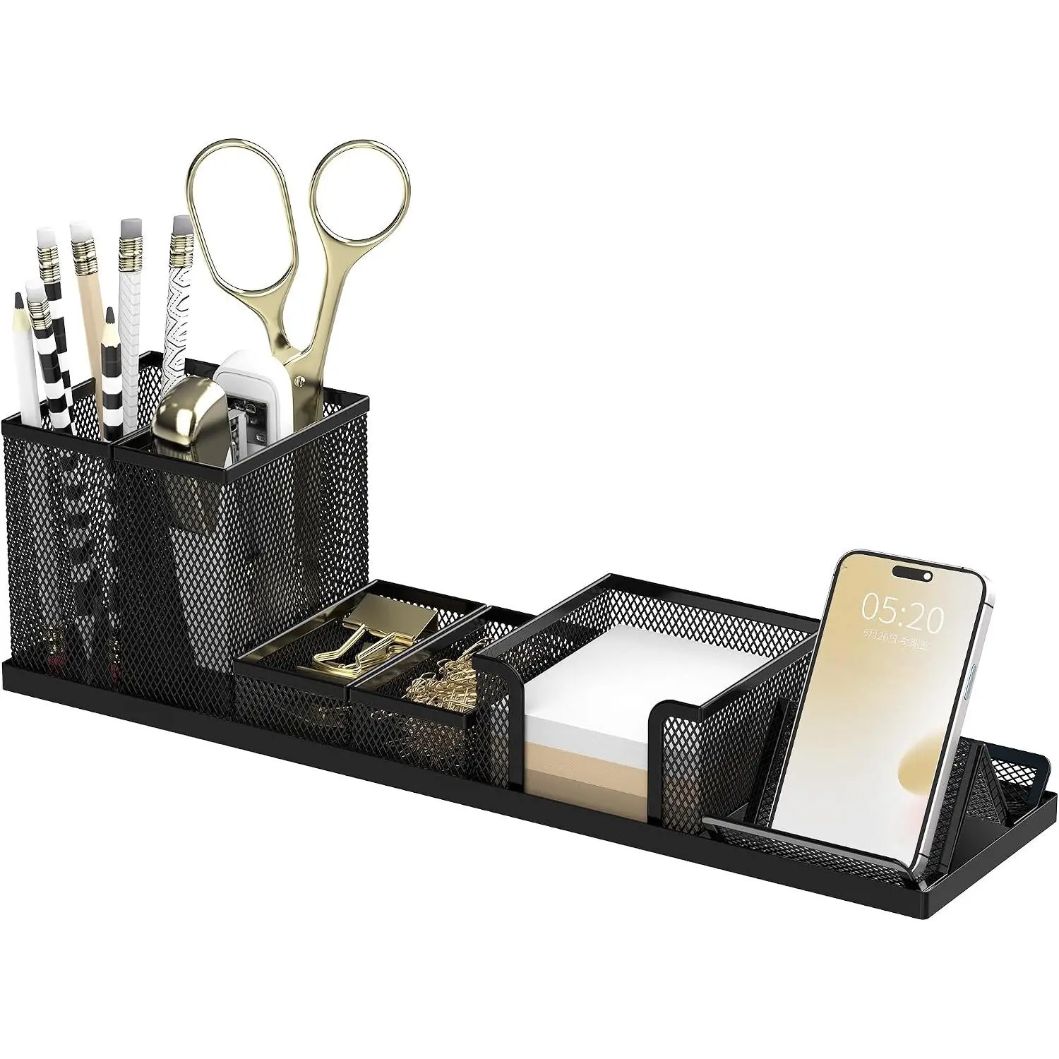 Pen Holder for Desk, 6- Mesh Desk Organizer with Phone Holder, Black | 6- Black Mesh Desk Set Includes Pen Cups, a Sticky Note  and Phone Holder for Office, School,