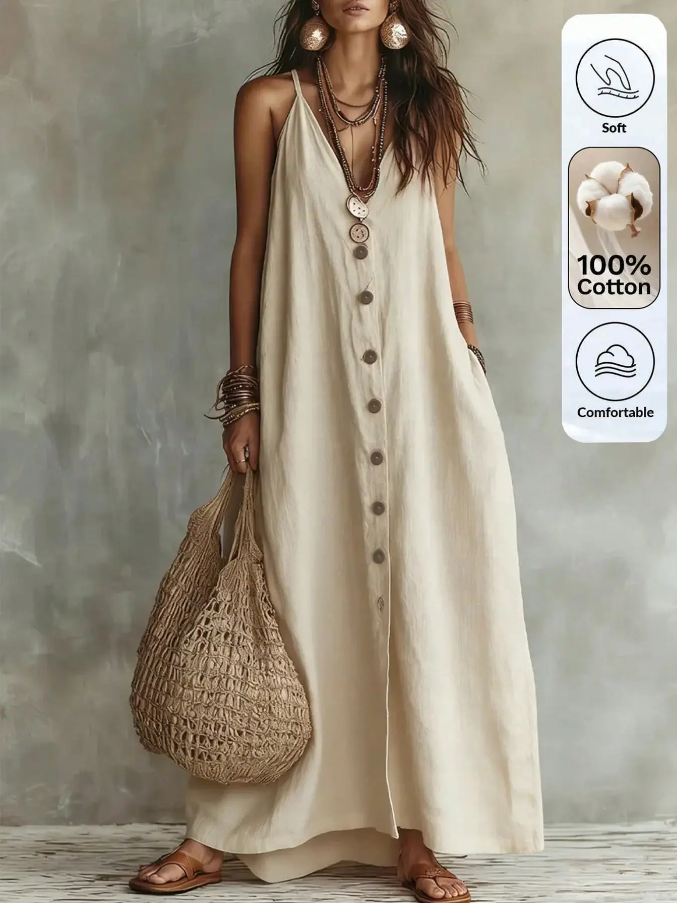 Women Textured Fabric Spaghetti Strap Sleeveless Maxi Dress, Elegant Casual Long Dress with Side Pockets for Spring & Summer, Soft Comfort Outfit for Daily Commute, Dates, Gatherings, Parties & Vacations