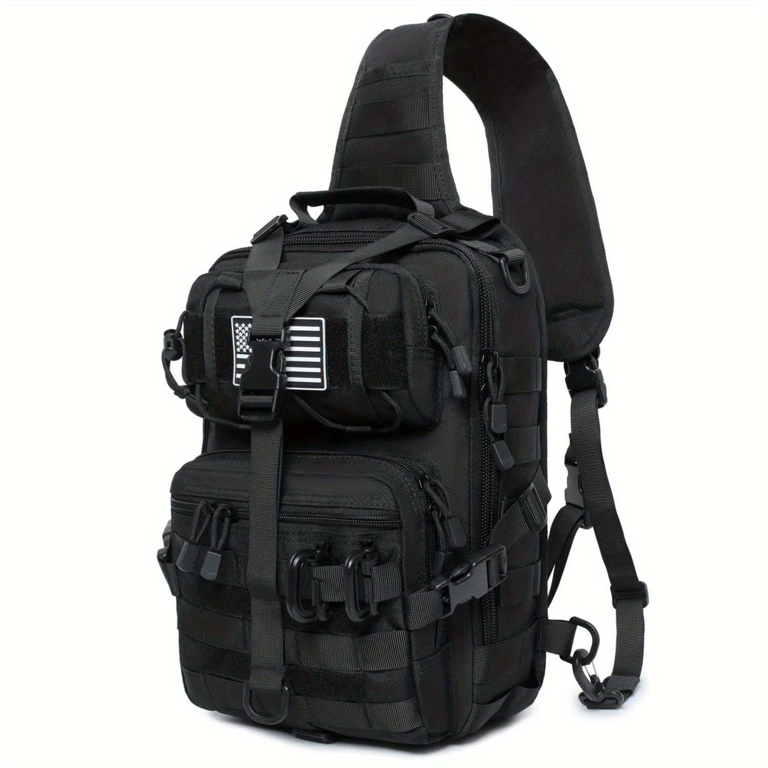 Versatile Black Tactical Shoulder Bag with Silicone Flag & 2 D-Ring Attachments - Durable Nylon, Multiple Pockets, Ideal for Outdoor Activities, Hunting, Fishing, Backpacks