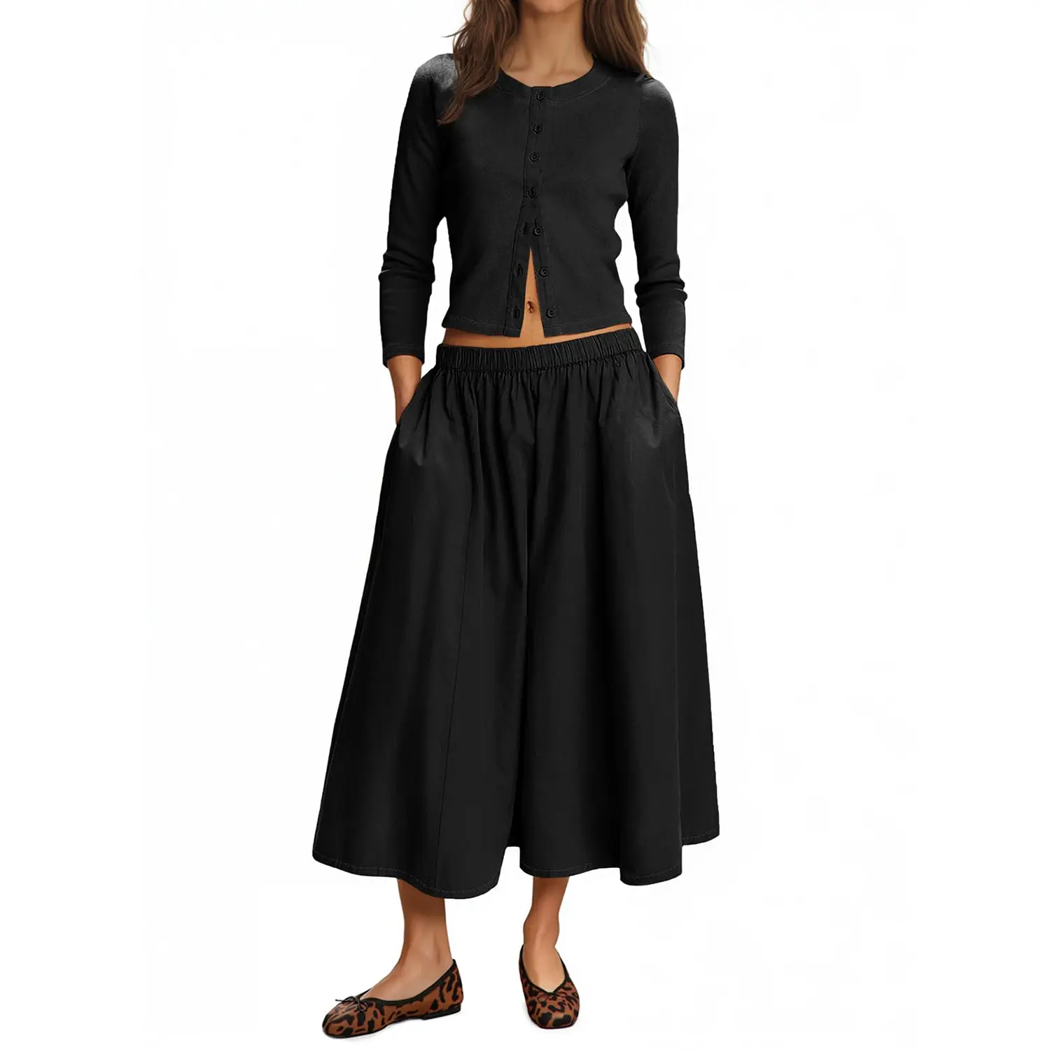 Women's Casual Knit Set - Solid Viscose Cotton Blend Cardigan with 3/4 Sleeves and Elastic Waist Midi Skirt, Women 2 Piece Sets, Matching Skirt Set
