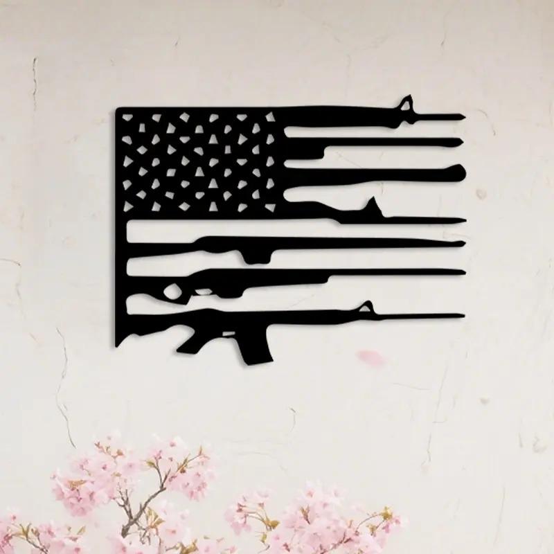 American Flag and Rifle Metal Wall Art — A patriotic-style wall decoration featuring a design of the national flag and a rifle. It makes an ideal gift for celebrating Independence Day or Veterans Day, or for anyone who loves patriotic-themed decor. American Flag and Rifle Metal Wall Art — A patriotic-style wall decoration featuring a design of the national flag and a rifle. It makes an ideal gift for celebrating Independence Day or Veterans Day, or for anyone who loves patriotic-themed decor.