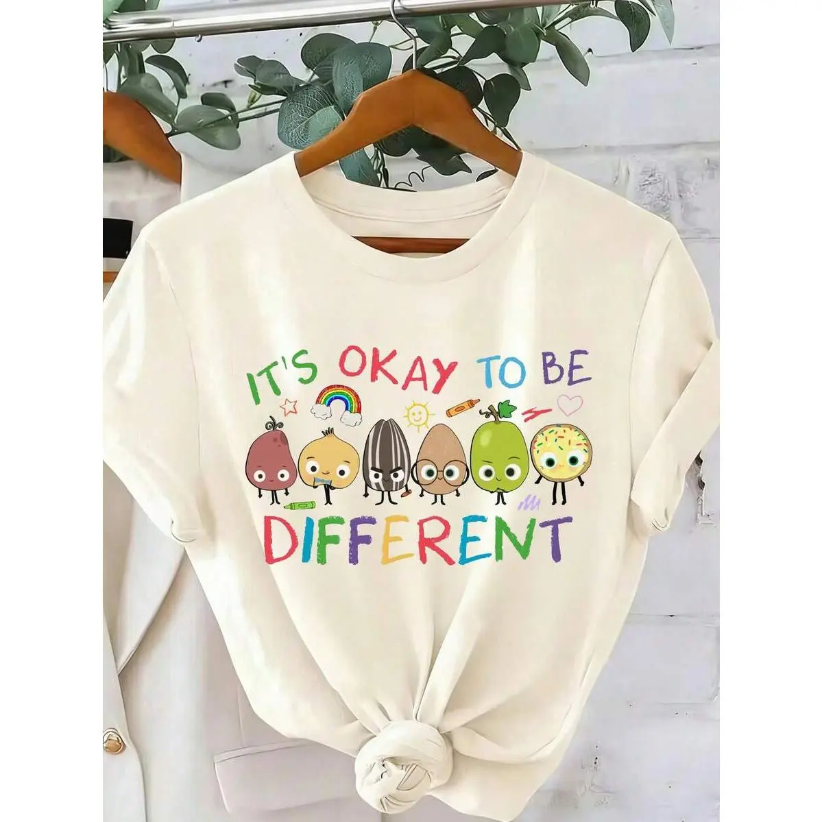 INAWLY Beige,Summer,Casual,Cute,School,Back-To-School ""It's Okay To Be Different"" T-Shirt,Neurodiversity Gift,Special Education Teacher Graphic Tee Women