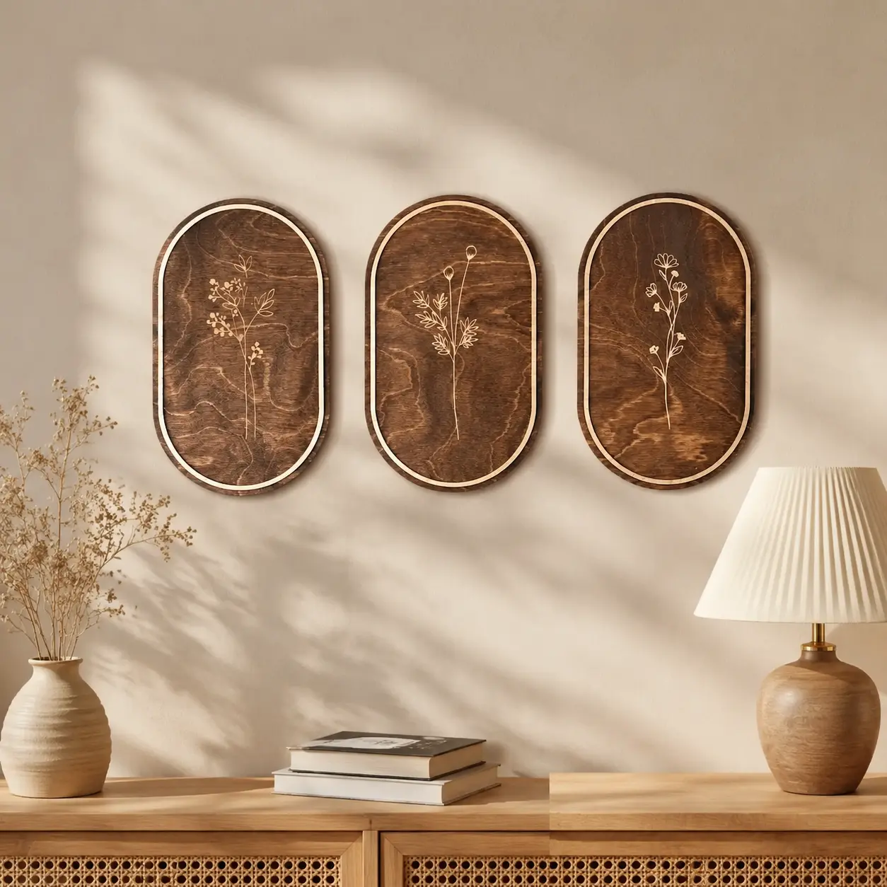 3-Piece Rustic Wooden Wall Art Set, Oval Vintage Botanical Line Drawing, Durable Graphic House Decor for Living Room & Bedroom