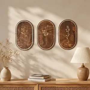 Artistic 3-Piece Oval Flower Wooden Wall Art Set - Rustic Wood Framed Vintage Botanical Line Drawing Decoration for Living Room, Farmhouse Wall Display