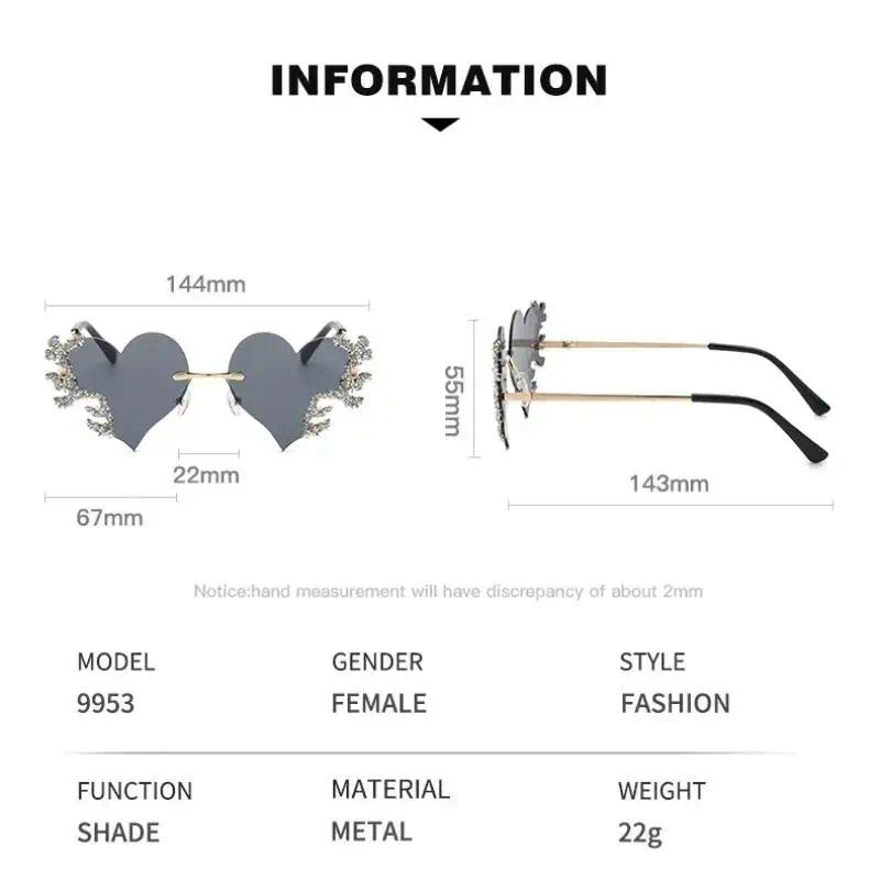 Women's Rimless Heart Shape Sunglasses with Rhinestone Accents Cute Punk Style UV Protection Lightweight Fashion Shades Eyewear for Party Daily & Streetwear