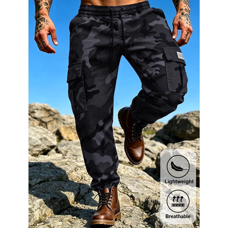 Men's Camo Cargo Joggers - Male Clothing, Lightweight, Breathable, Elastic Waist, Multi-Pocket, Ankle Length Tapered Pants for Hiking, Outdoor Sport
