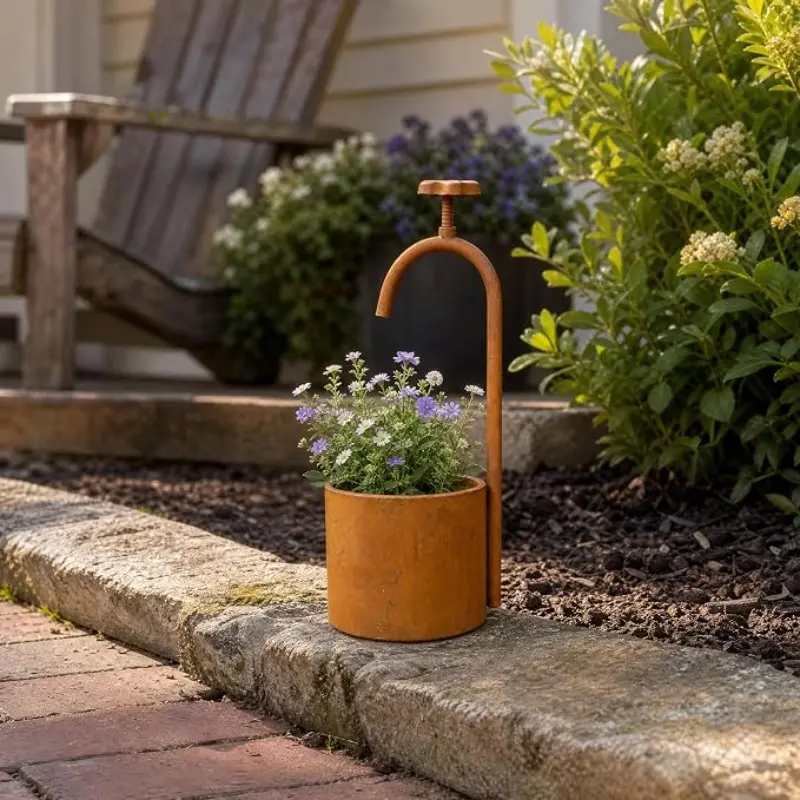 Vintage Metal Planter, Rustic Faucet Flower Pot for Garden | Rustic metal planter with vintage faucet design. Ideal for succulents, flowers, patios, gardens, and farmhouse décor