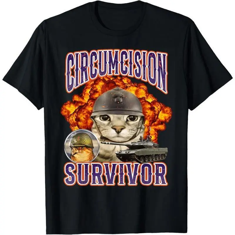 Men's Cotton T-Shirt with Circumcision Survivor Cat Meme Graphic, Funny Casual Streetwear, Soft Short Sleeve Top with Prints, Garment, Shortsleeve, Menswear, Stylish