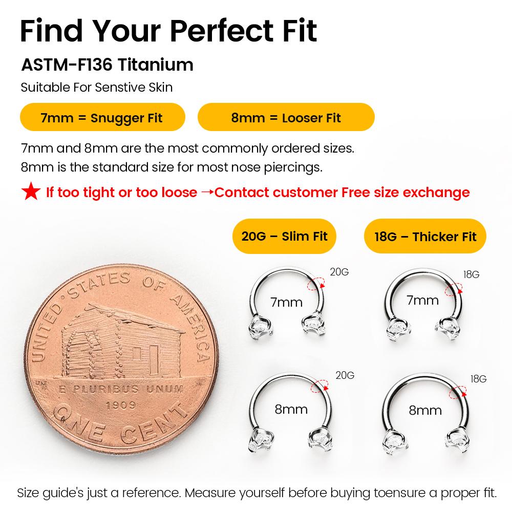 Titanium Steel Horseshoe Nose Ring 20G/18G 7mm More Size (Free Gem Picker Tool) Internally Threaded Gems Lightweight