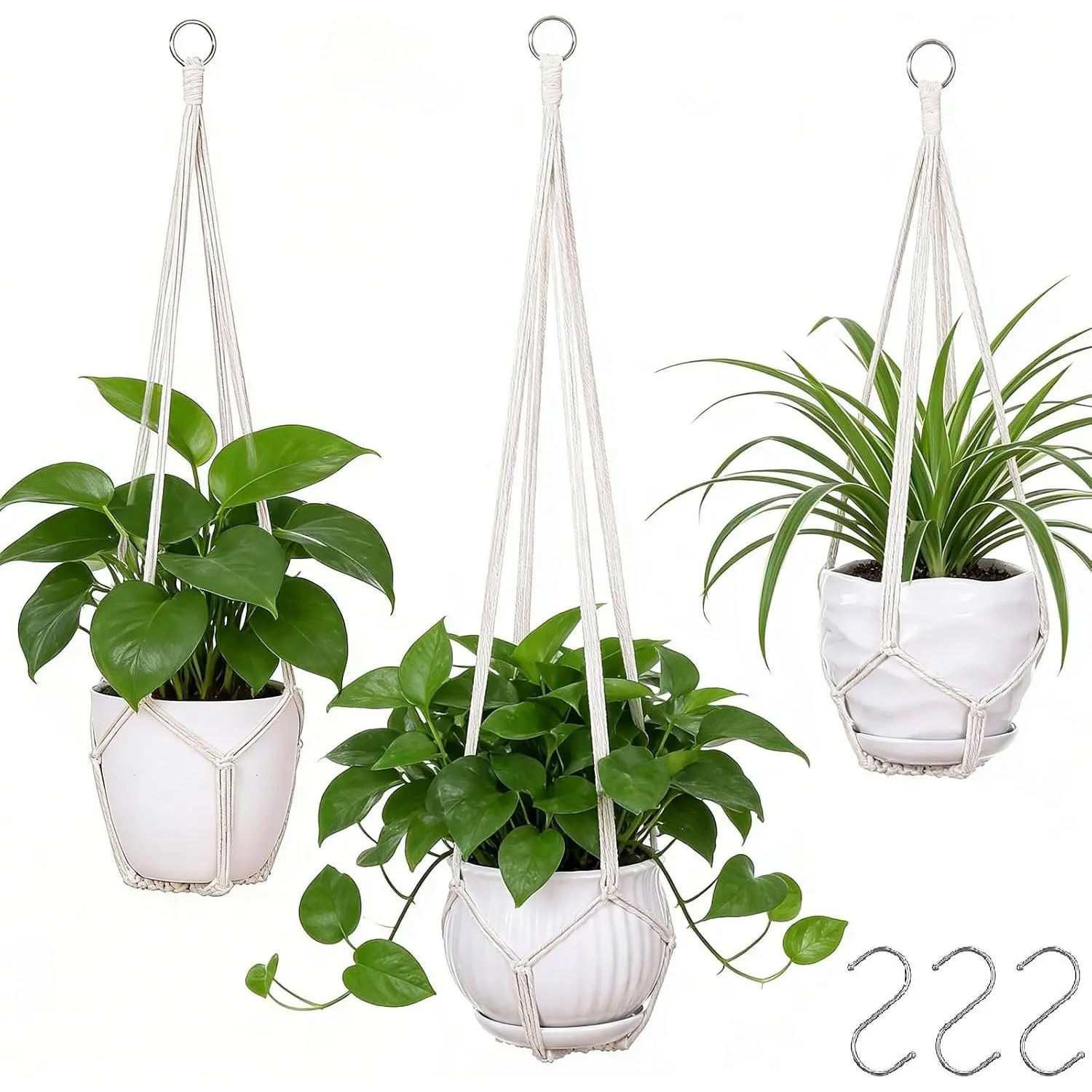 3 Pack Macrame  Hanger Indoor  Planter for  Holder | 35"/29"/23" Crochet  Hangers With 3 Hooks No Tassels Boho  Decor for Patio Balcony Living Room|Fits 5-10 Inch Pots