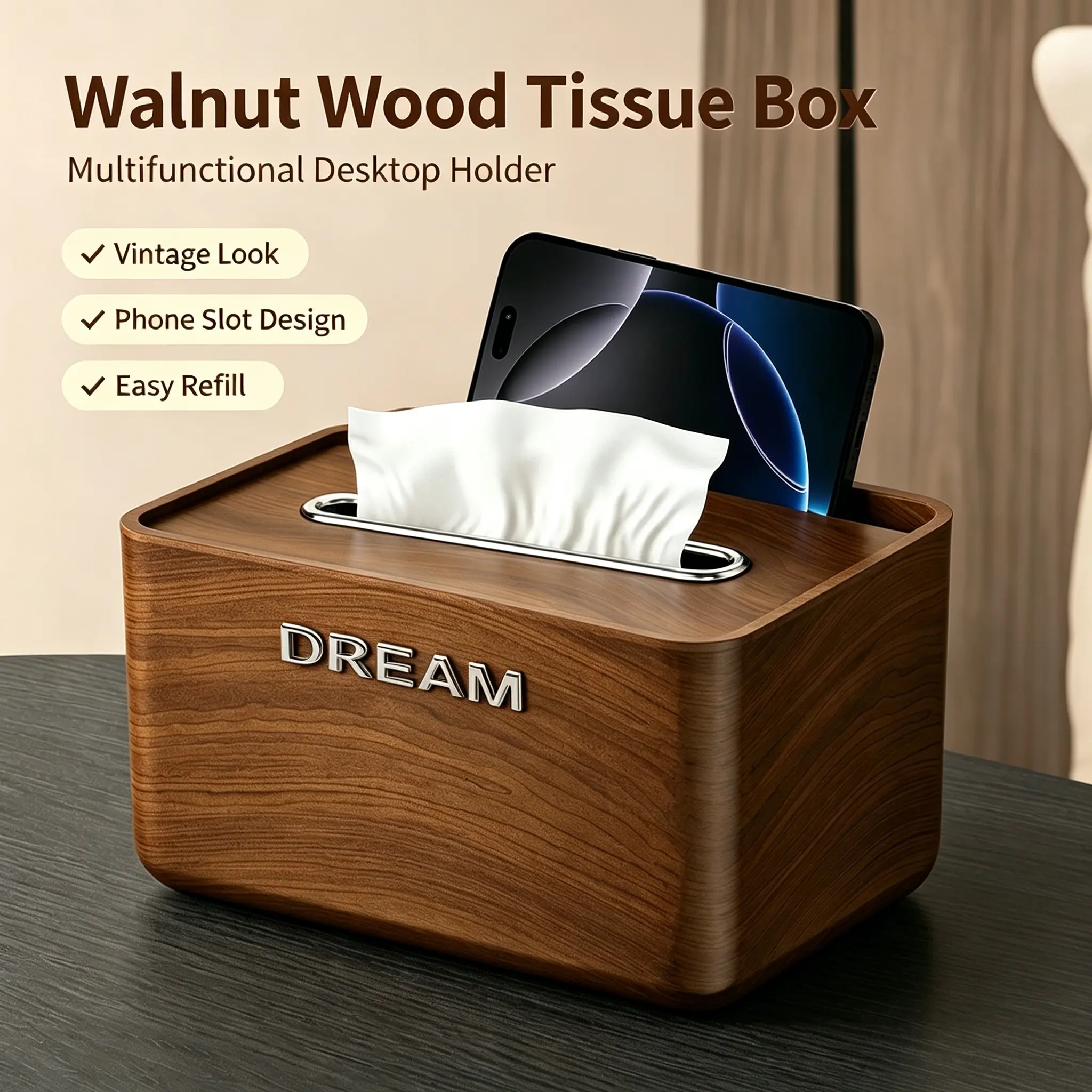 Retro Desktop Tissue Box, High-end Imitation Walnut Wood Tissue Box for Home Living Room, Chinese Style Multi-functional Coffee Table Tissue Box