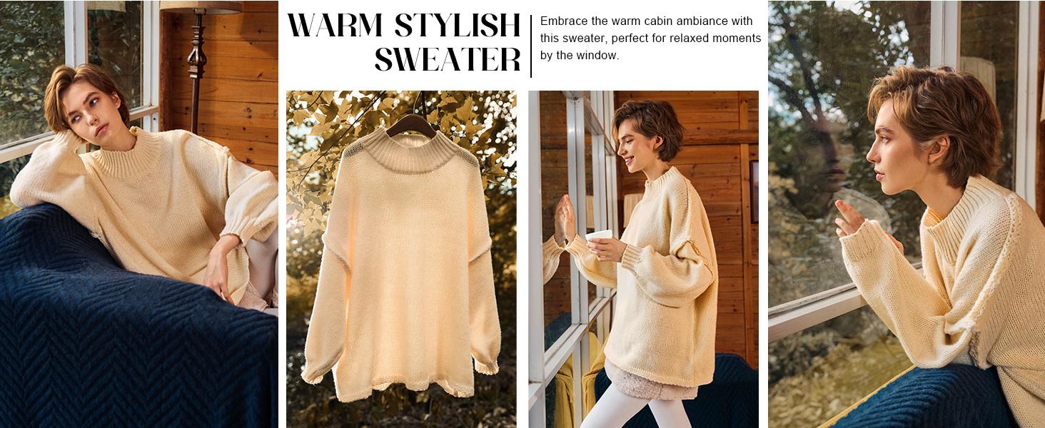 Saodimallsu Womens Oversized Sweaters Mock Neck Batwing Long Sleeve 2025 Fall Trendy Ribbed Knit Casual Tunic Sweater