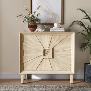 31.5" Antique Natural Mid-Century Modular Credenza Sideboard Buffet, Small Space Cabinet with Symmetrical Sunburst Doors, Accent Cabinet with Adjustable Shelves for Dining Room, Entryway & Hallway