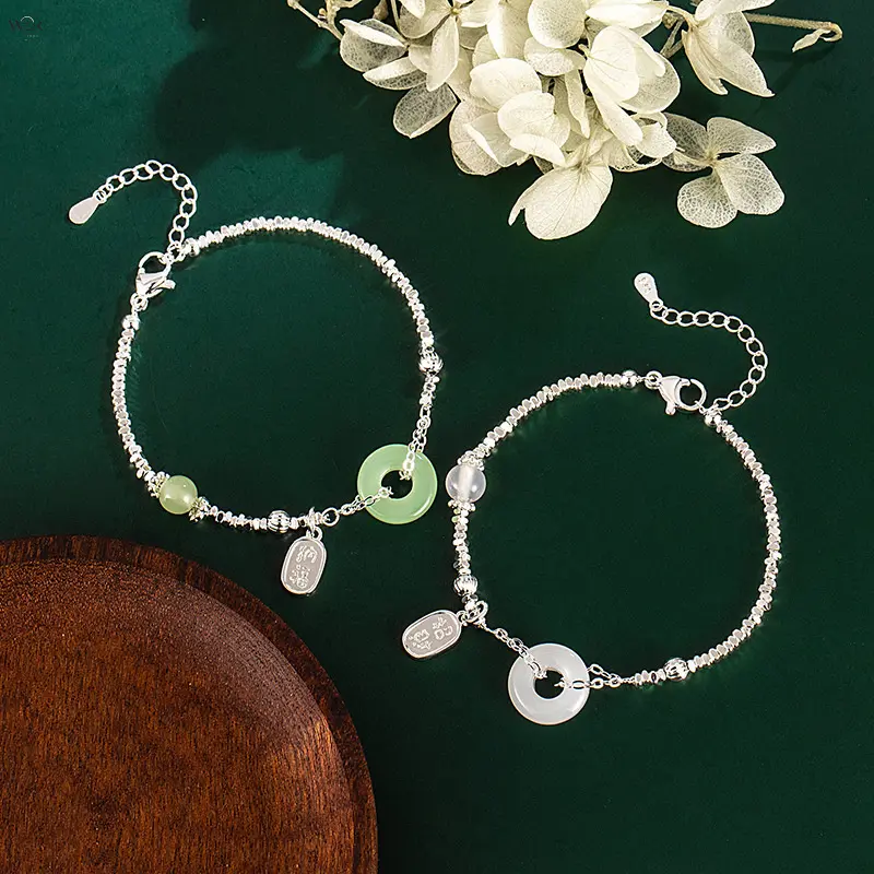 Women's Chinese-Style 2-Tone White & Green Circle Shape Jade Donut Bracelet, Adjustable Silver-Beaded Wrist Chain with Lucky Engraved Tag, Vintage Blessing Female Wear Jewelry, Ideal Gift Choice, Bracelets, Two Tones