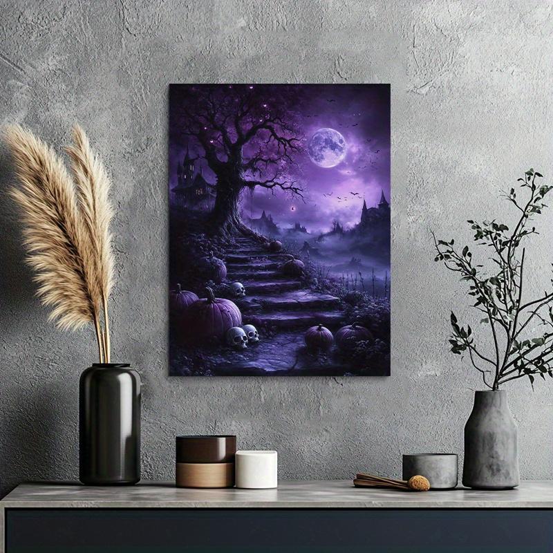 Frameless Gothic Tree and Moon Halloween Canvas Art Poster, Black Purple Sky , Exquisite Decorative Mural for Living Room, Bedroom, Corridor, Office - Ideal Gift for Friends Ornaments Decoration Wall Artistic