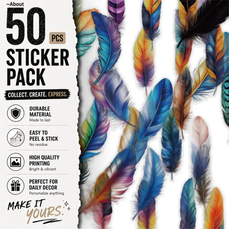 50PCS Feather Aesthetic Vinyl Stickers Pack for Laptop Water Bottle Phone Case Skateboard Journal Scrapbook DIY Decoration