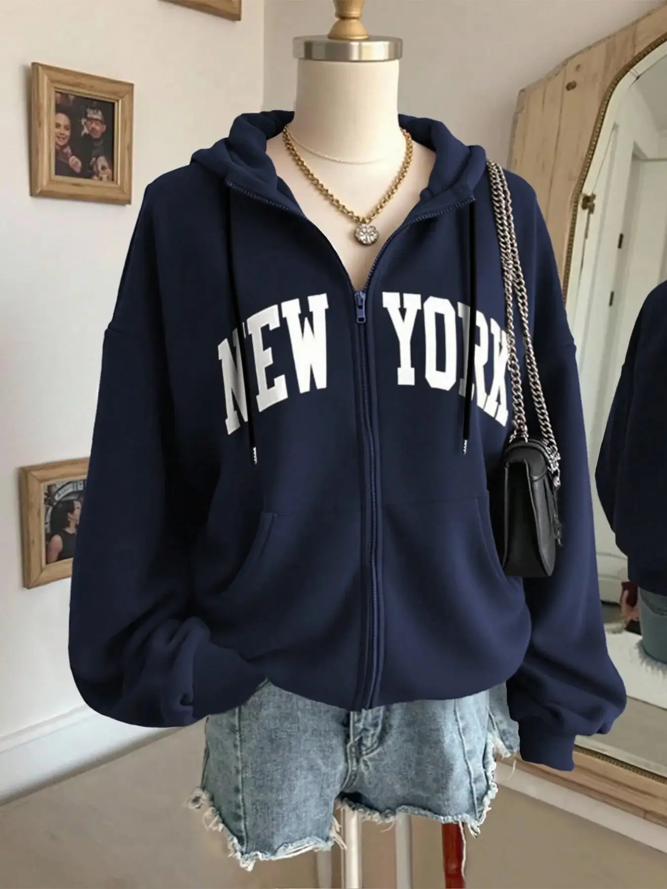 American Style New York Letter Hooded Zipper Sweatshirt for Women, Vintage Loose Fit Casual Open Front Coat, Fall & Winter Outerwear