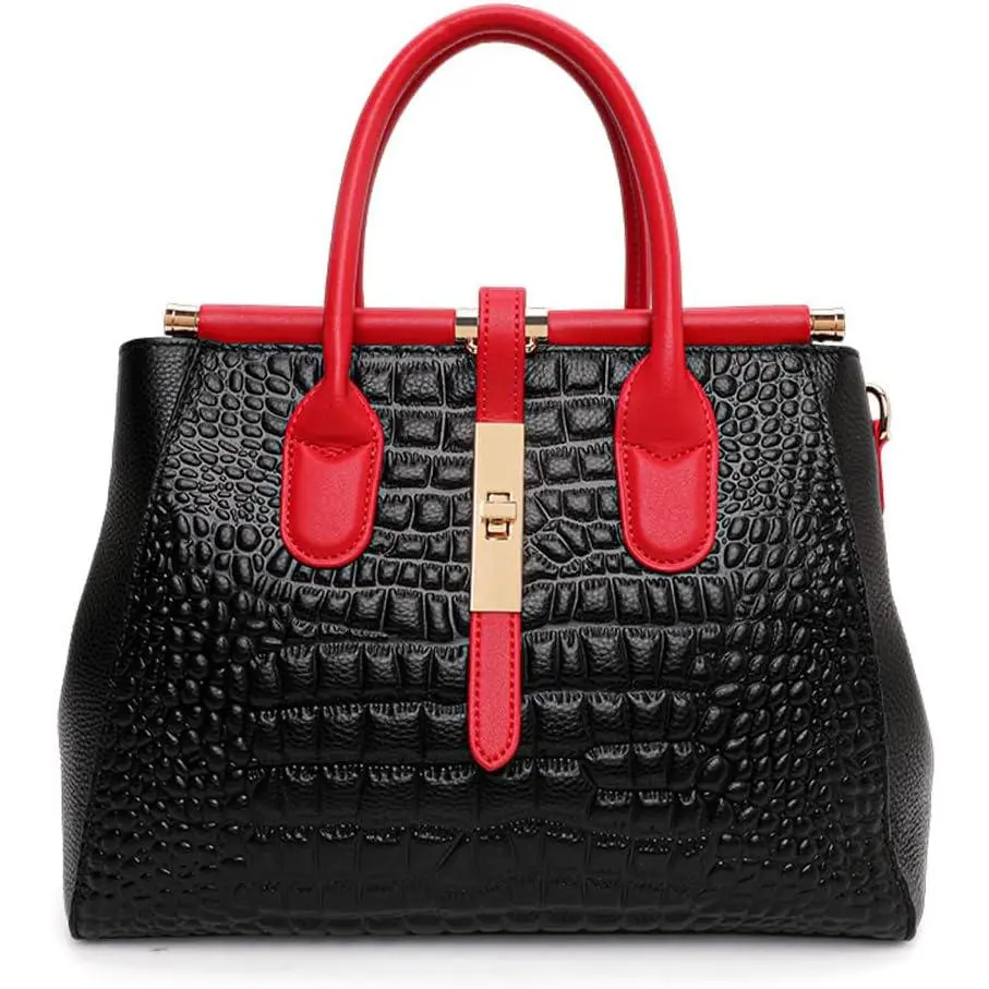 Crocodile Print Handbag - Large Capacity, Detachable Strap, Color-blocked, Women's - Tote