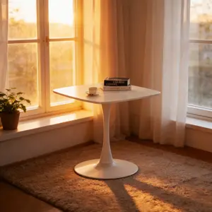 White Square Tulip Table for 2-4 Person, 24" Small Dining Table with Metal Pedestal Base, Modern Kitchen Table for Small Space, Apartment, Bistro, Cafe, Office & Living Room, Matte Matte MDF Top Golden Metal Pedestal Base